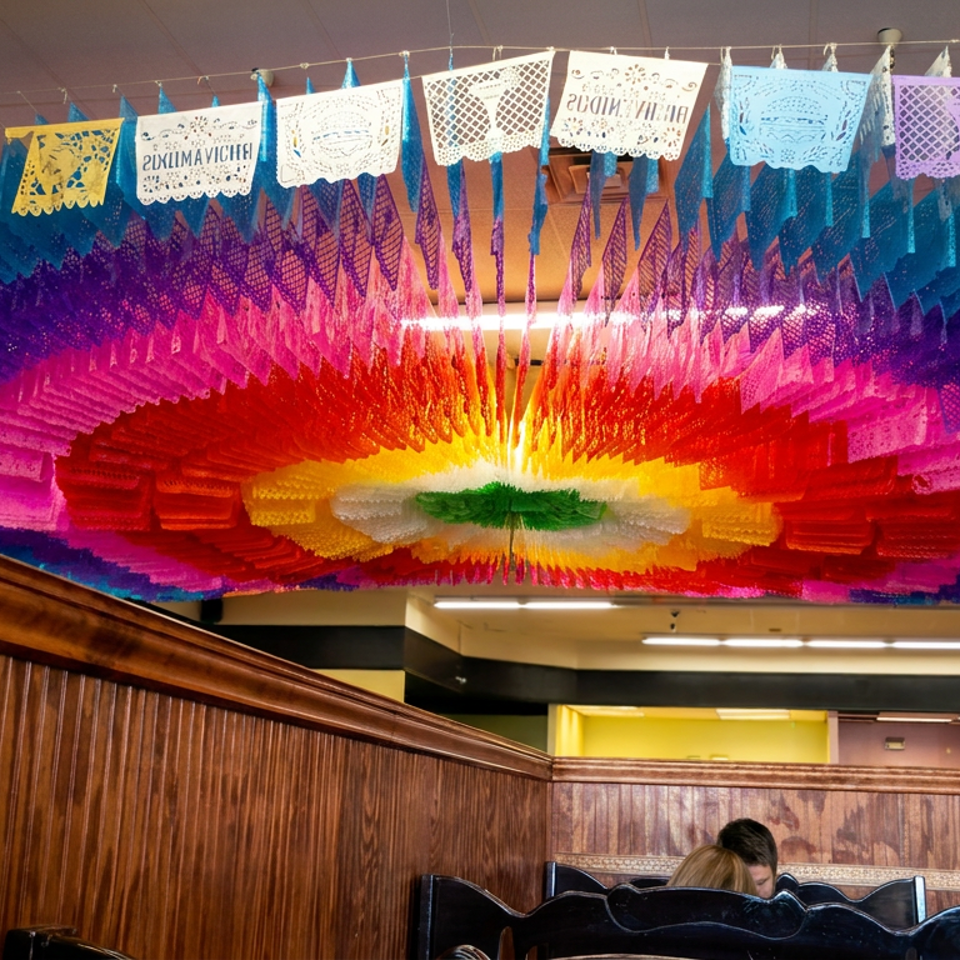 Colorful papel picado decorations form a vibrant ceiling canopy above wooden restaurant booths and a seated diner.