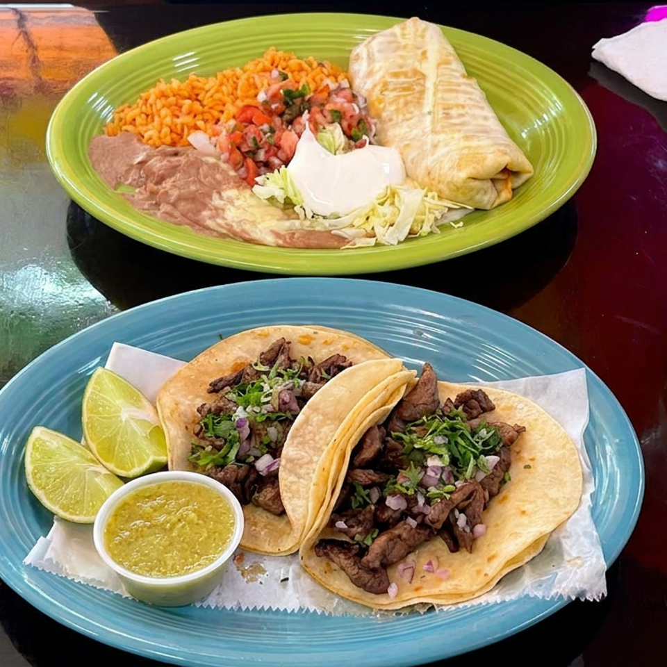 Mexican meal with beef tacos, lime wedges, green salsa, rice, beans, pico de gallo, burrito, and sour cream on colorful plates.
