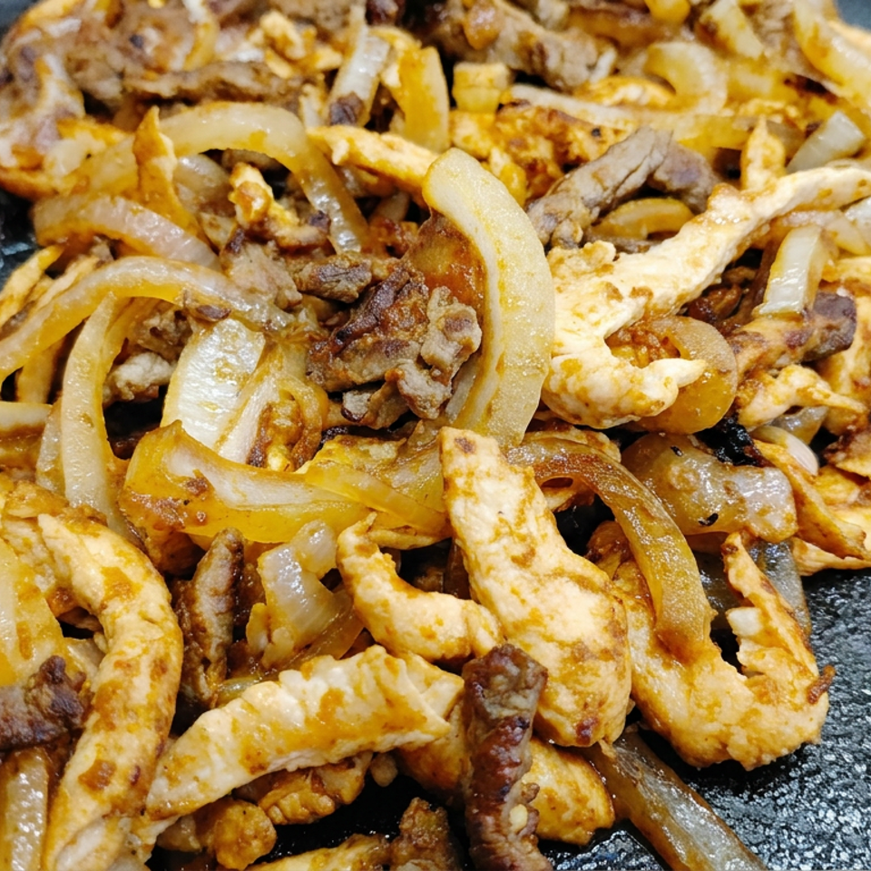 Close-up of grilled chicken, steak, eggs, and sautéed onions served on a black plate.