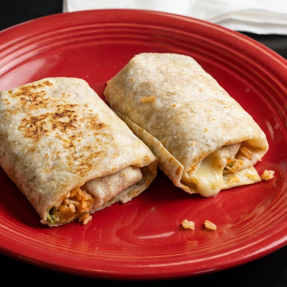 Two grilled burritos filled with rice, beans, vegetables, and melted cheese sit on a red plate.