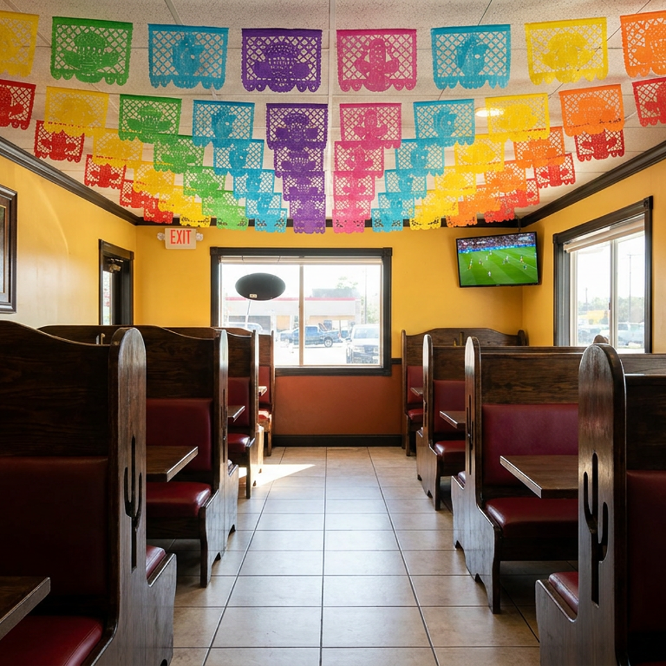 Colorful papel picado decorations hang above empty wooden booths with red seats in a brightly lit Mexican restaurant.